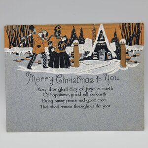 Merry Christmas Folded Vintage Card Snowy Scene Holiday‎ Cheer Orange Textured